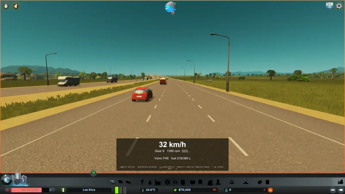 Road-level view of cars on a Cities: Skylines highway with a truck speed and gear display