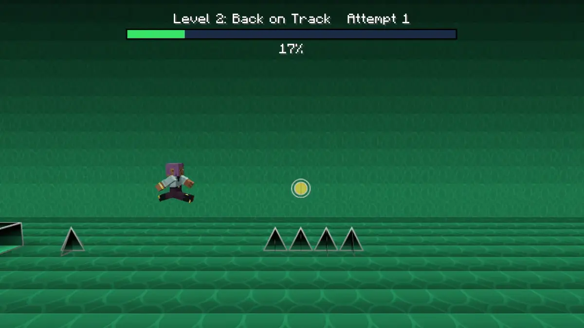 Side-on character jumping above spikes in a green block-built level with a Geometry Dash progress bar