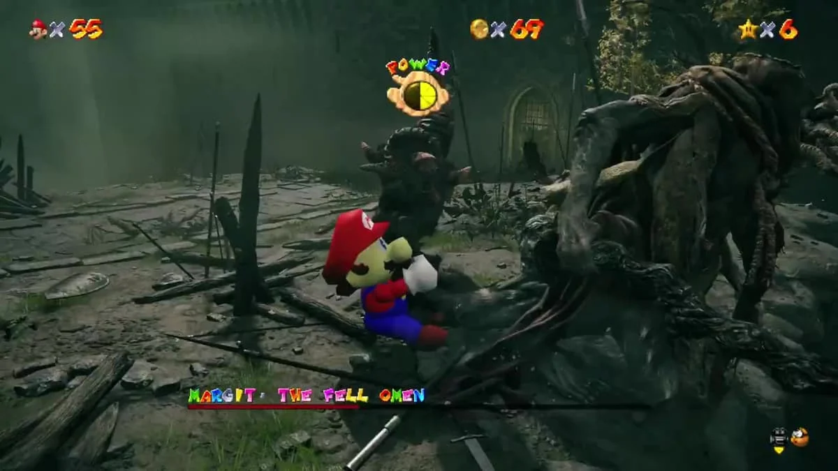 Mario facing an enemy in Elden Ring with a Mario-style HUD