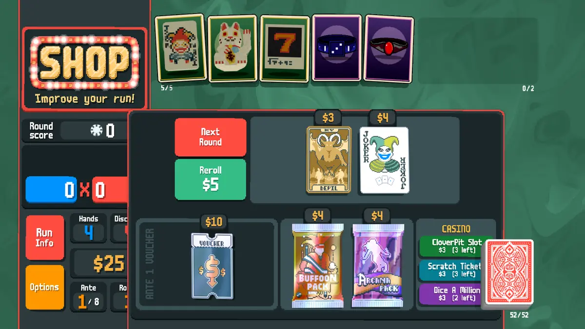 Balatro shop with Joker cards, booster packs and a CASINO panel listing a slot, scratch ticket and dice game