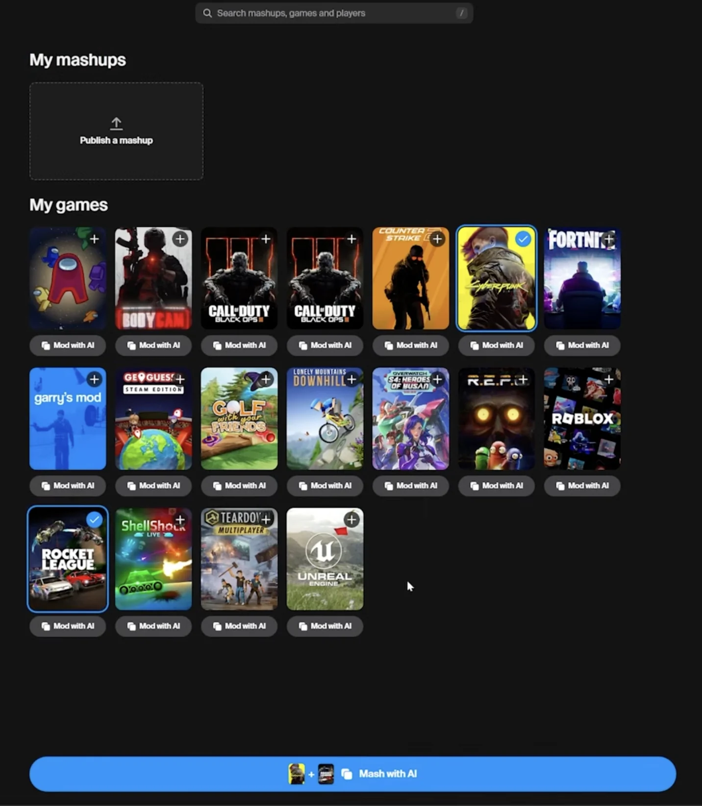 Cyberpunk 2077 and Rocket League selected under My games, above Mash with AI