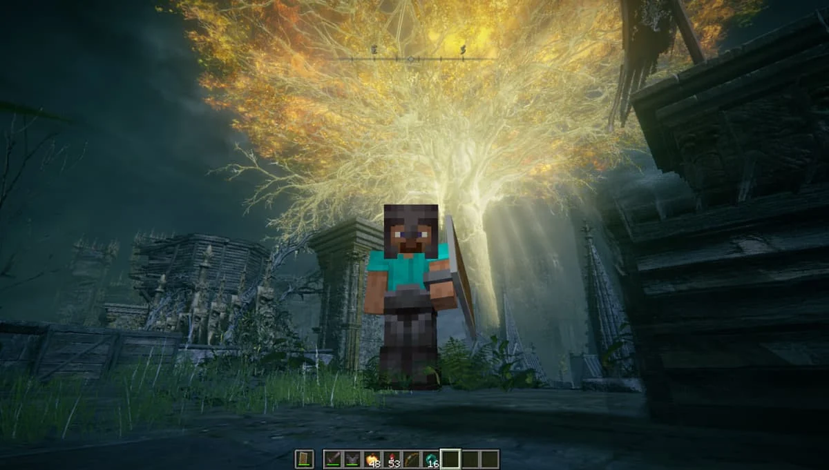 Minecraft character below Elden Ring’s glowing Erdtree