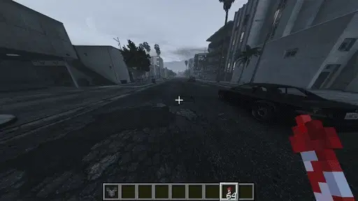 Minecraft firework rocket and hotbar overlooking a grey Los Santos street with cars and palm trees