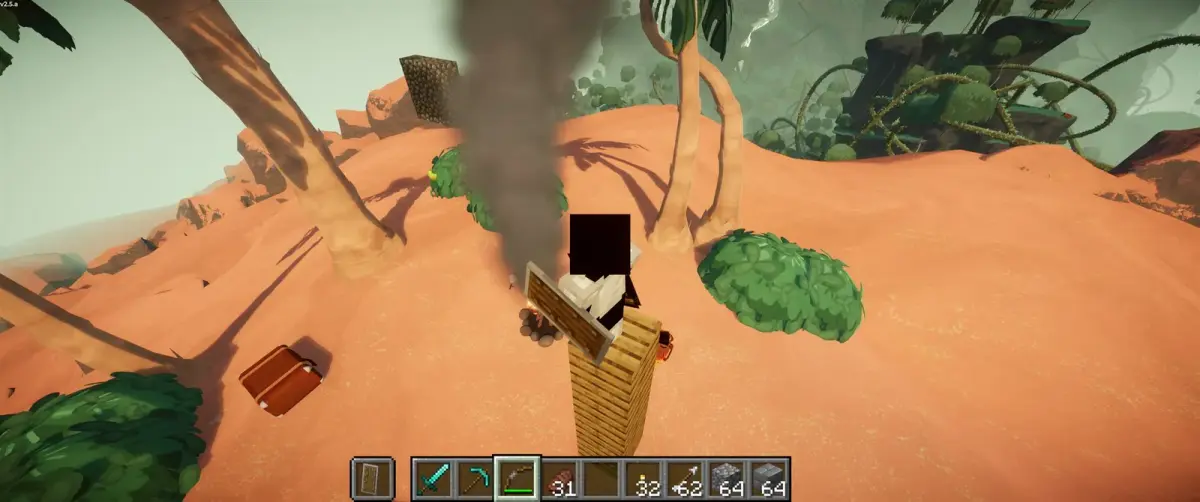 Minecraft character on a wooden block pillar above PEAK's sandy landscape with a Minecraft hotbar