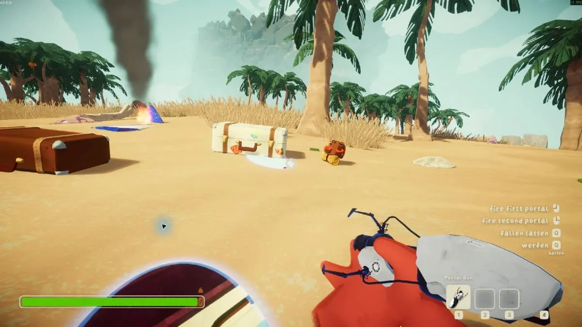 Portal gun and a glowing portal on PEAK's sandy beach beside luggage and palm trees