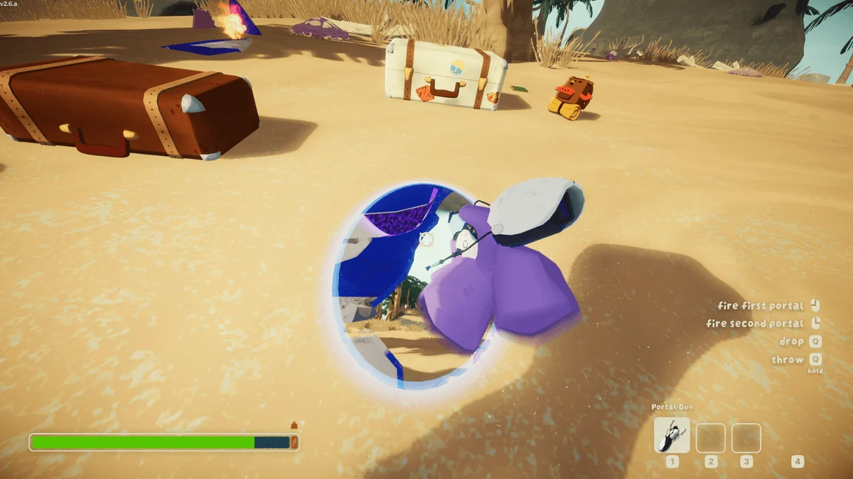 A PEAK character beside a blue portal on a beach in PortalPeak