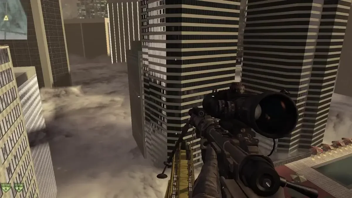 First-person scoped rifle overlooking tall city buildings in the Skate Warfare video poster