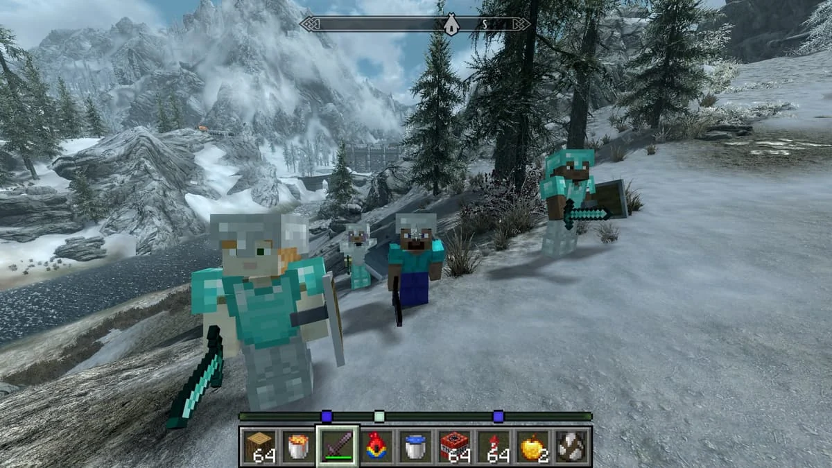 Minecraft characters and hotbar in Skyrim’s snowy mountain landscape