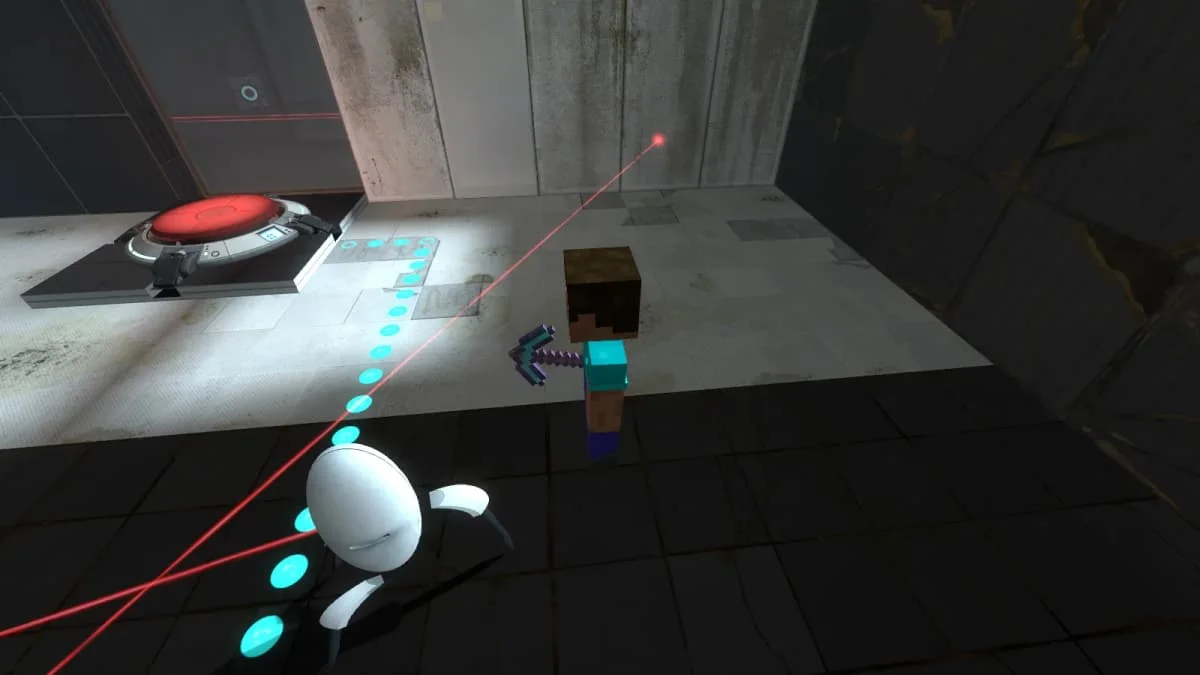 Minecraft Steve holding a diamond pickaxe beside a turret and red button in a Portal 2 test chamber