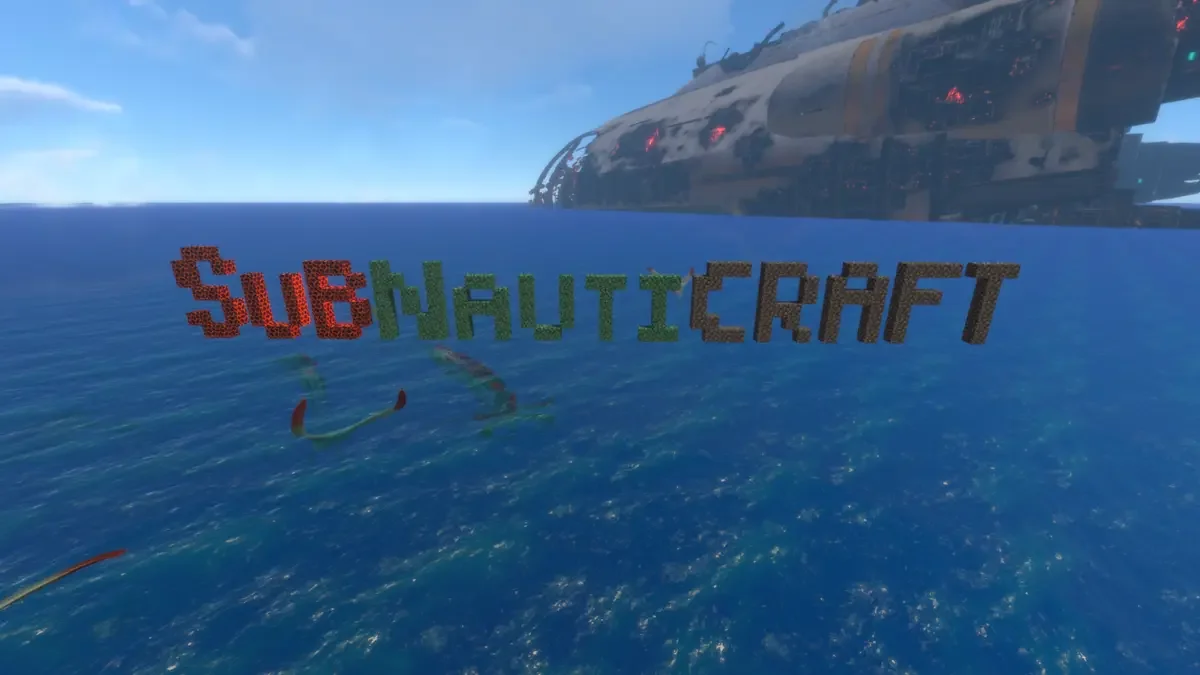 Block-built SUBNAUTICRAFT lettering over the ocean with a damaged spacecraft in the background