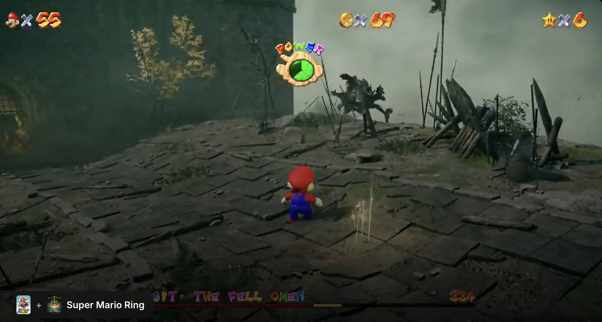 Super Mario Ring: Mario in an Elden Ring scene, with the original work label visible at the bottom