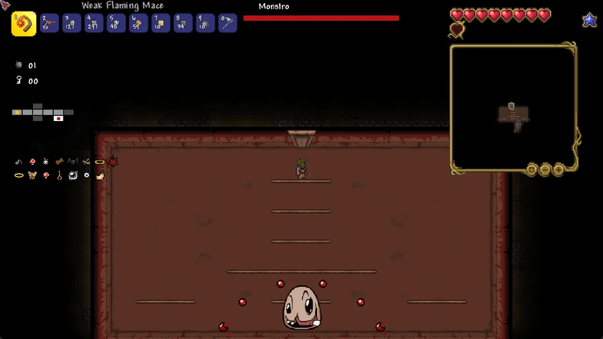 Side-on Terraria room with Isaac’s Monstro encounter and Terraria HUD