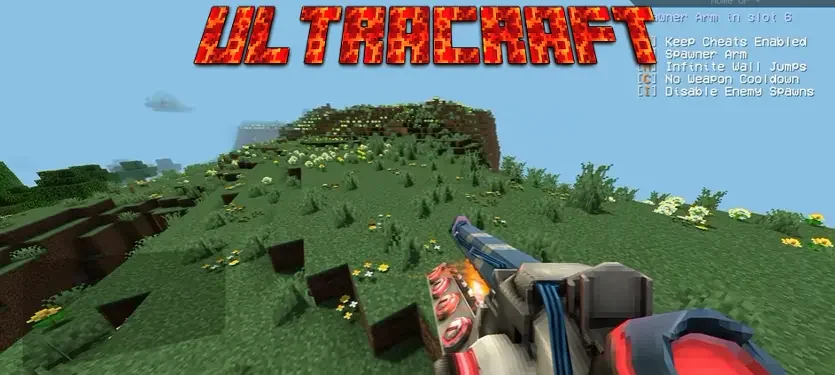 First-person gun above a grassy Minecraft hillside beneath the ULTRACRAFT title